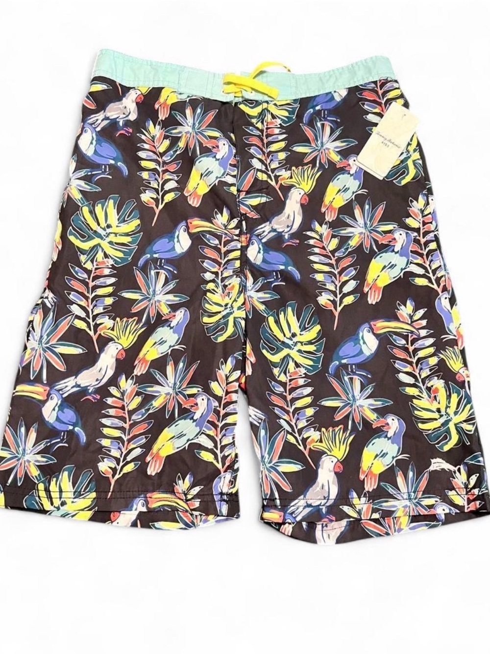 Tommy Bahama Boys Black Tropical Parrot Swim Trunks with Mint Waistband